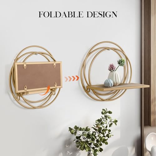 Oakrain Small Floating Shelves Set of 2, 11" Gold Wall Mounted Hanging Shelf with Metal Frame Wood Round Wall Shelves for Storage, Living Room Decor, Bathroom, Kitchen, Bedroom, Office - Image 2