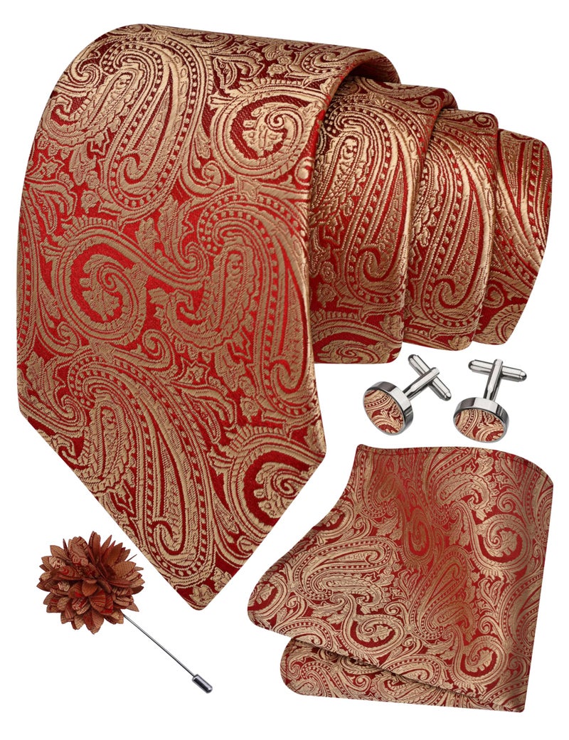 GUSLESON Mens Gold Red Tie Paisley Wedding Solid Silk Necktie Pocket Square Cufflinks and Lapel Pin Brooch Set (IN6103-10) - Image 1