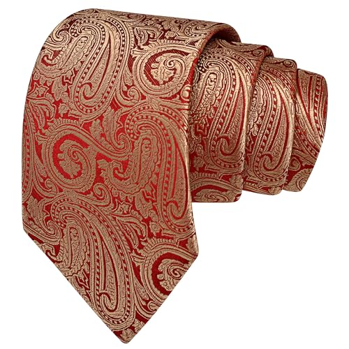 GUSLESON Mens Gold Red Tie Paisley Wedding Solid Silk Necktie Pocket Square Cufflinks and Lapel Pin Brooch Set (IN6103-10) - Image 3