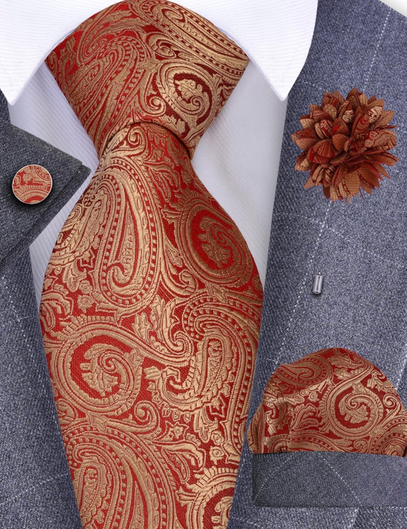 GUSLESON Mens Gold Red Tie Paisley Wedding Solid Silk Necktie Pocket Square Cufflinks and Lapel Pin Brooch Set (IN6103-10) - Image 2