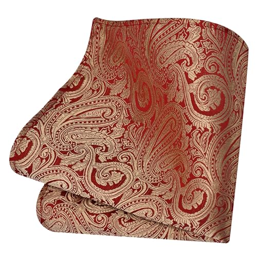 GUSLESON Mens Gold Red Tie Paisley Wedding Solid Silk Necktie Pocket Square Cufflinks and Lapel Pin Brooch Set (IN6103-10) - Image 4