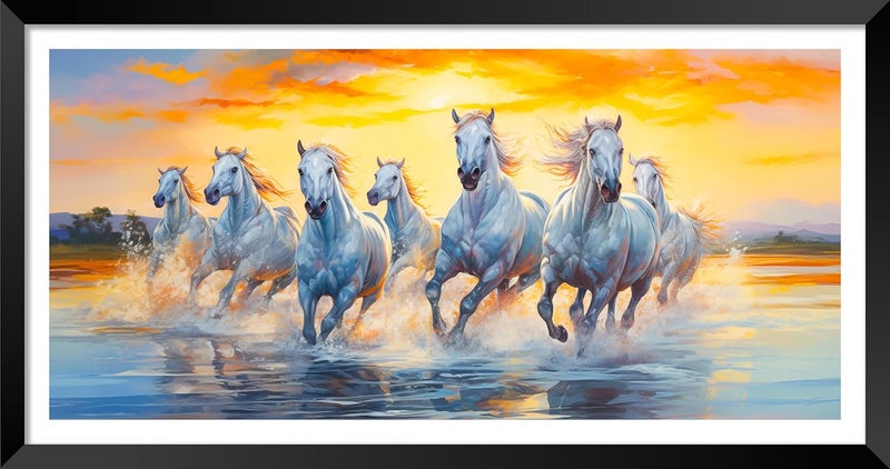 Canvas Pe لوحة فنية من قماش PE 7 خيول جارية فاستو، حصان مبارك، تجريد شروق الشمس، إطار صورة مغلف ومطلي للديكور في المعيشة والمكتب 14x26 بوصة إطار خشبي أسود - Image 1