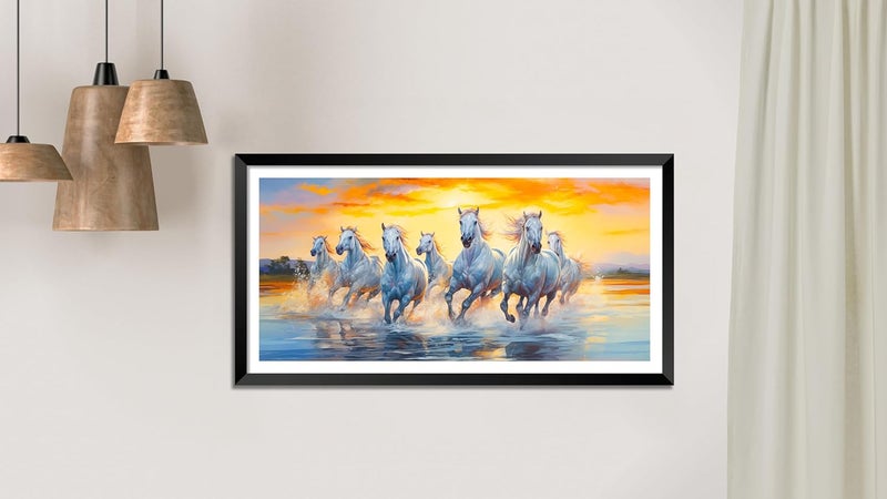 Canvas Pe لوحة فنية من قماش PE 7 خيول جارية فاستو، حصان مبارك، تجريد شروق الشمس، إطار صورة مغلف ومطلي للديكور في المعيشة والمكتب 14x26 بوصة إطار خشبي أسود - Image 2