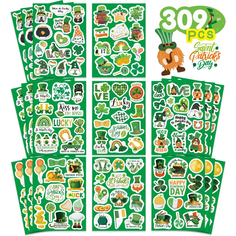 DUJAA 309PCS St. Patrick's Day Theme Stickers Shamrock Stickers for Kids Irish St. Patrick's Day Craft for Toddlers Teachers Classroom Home Favor Gift Supplies - Image 1