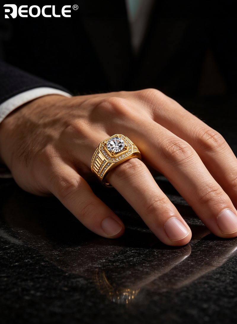 REOCLE Men's Ring Imitation Diamond Open Cuff Ring Wide Band Textured Inlaid Stone Statement Ring for Daily Wear & Banquet Wear - Image 2