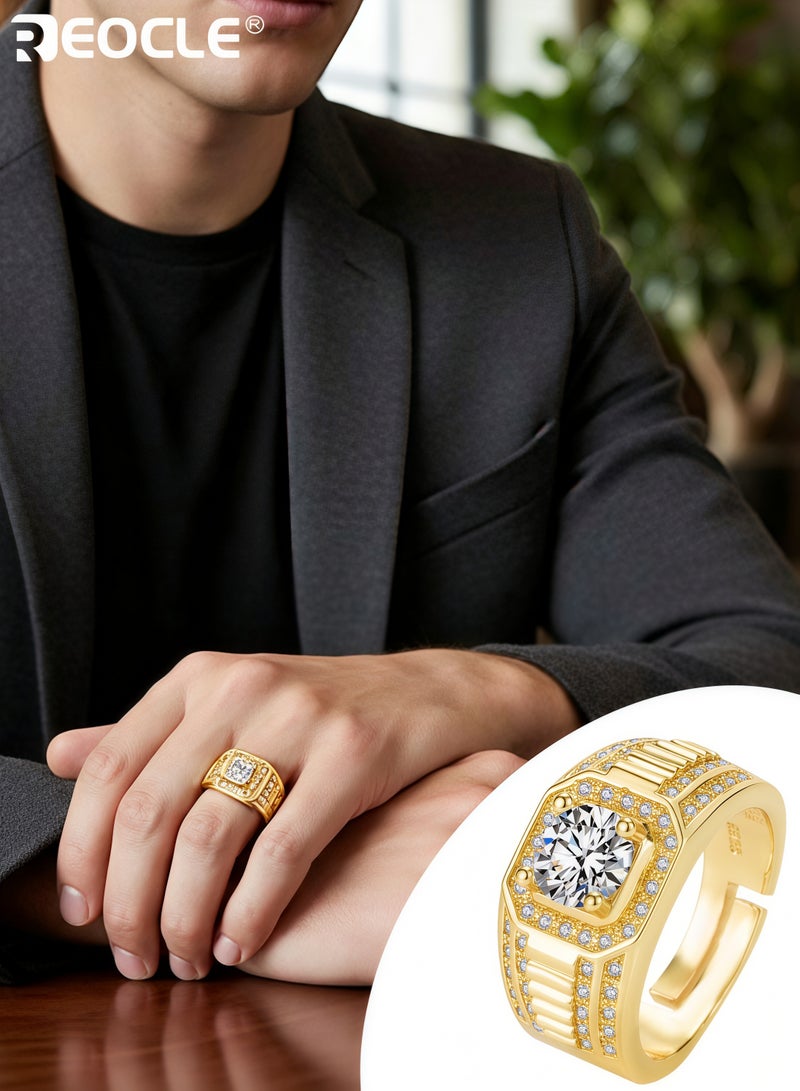 REOCLE Men's Ring Imitation Diamond Open Cuff Ring Wide Band Textured Inlaid Stone Statement Ring for Daily Wear & Banquet Wear - Image 1
