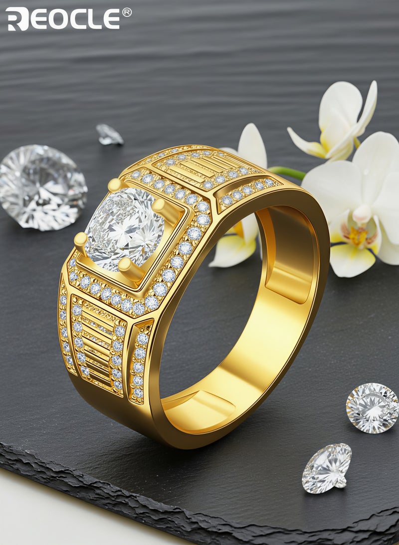 REOCLE Men's Ring Imitation Diamond Open Cuff Ring Wide Band Textured Inlaid Stone Statement Ring for Daily Wear & Banquet Wear - Image 5