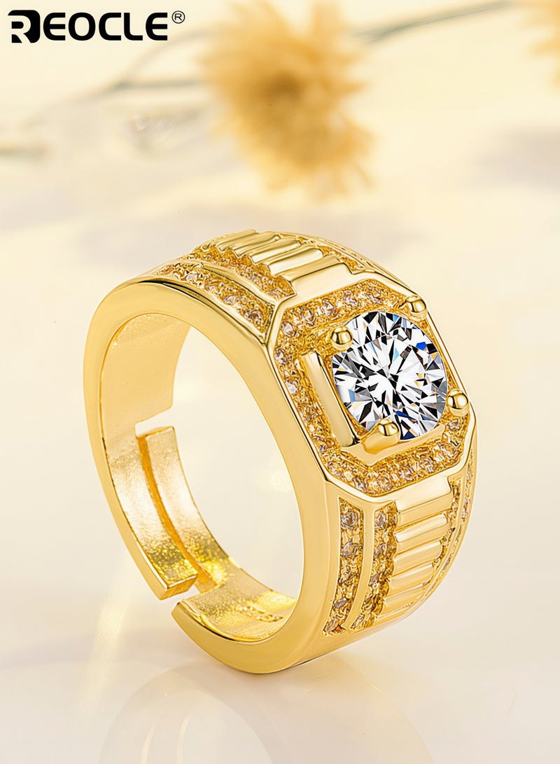 REOCLE Men's Ring Imitation Diamond Open Cuff Ring Wide Band Textured Inlaid Stone Statement Ring for Daily Wear & Banquet Wear - Image 4