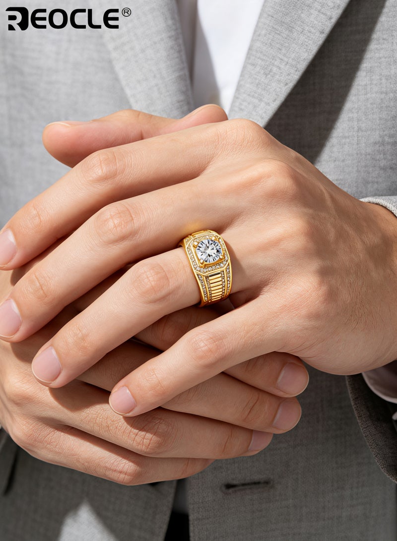 REOCLE Men's Ring Imitation Diamond Open Cuff Ring Wide Band Textured Inlaid Stone Statement Ring for Daily Wear & Banquet Wear - Image 3