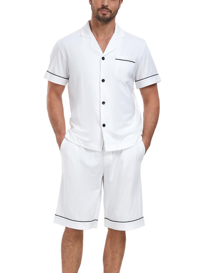 COLORFULLEAF 100 Cotton Mens Pajamas Set Shorts Button Down Sleepwear Short Sleeve Nightwear Summer Pjs with Pockets WhiteS