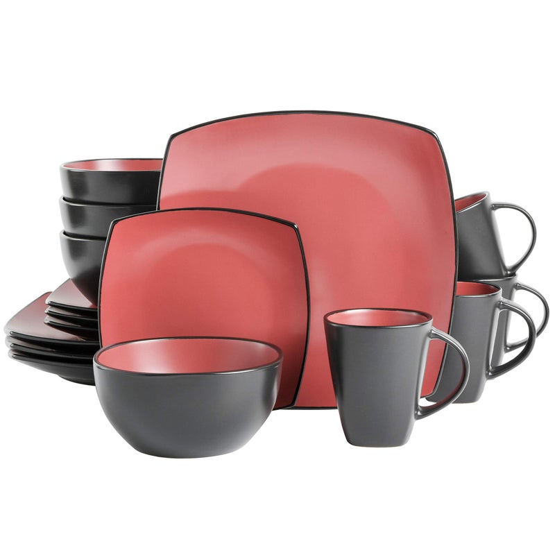 Gibson Soho Lounge Square Reactive Glaze Stoneware Dinnerware Set Service for 4 16pc Matte Red