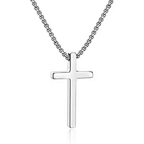 M MOOHAM Silver Cross Pendant Necklaces for Men Pendant Chain 20 Inch Silver, Fathers Day Christian Religious Baptism Gifts Jewelry for Teenage - Image 1