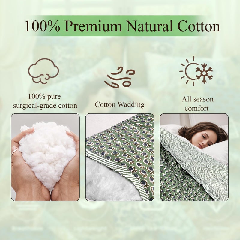 Ridhi Block Print Reversible Cozy Quilt Basil Green Twin 60" X 90" Lightweight Blanket for Sofa, Couch, Bed Soft Breathable Comforter Handmade Bedspread Duvet for Farmhouse, Home, Winter - Image 5