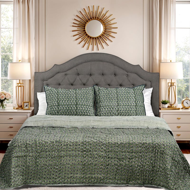 Ridhi Block Print Reversible Cozy Quilt Basil Green Twin 60" X 90" Lightweight Blanket for Sofa, Couch, Bed Soft Breathable Comforter Handmade Bedspread Duvet for Farmhouse, Home, Winter - Image 1