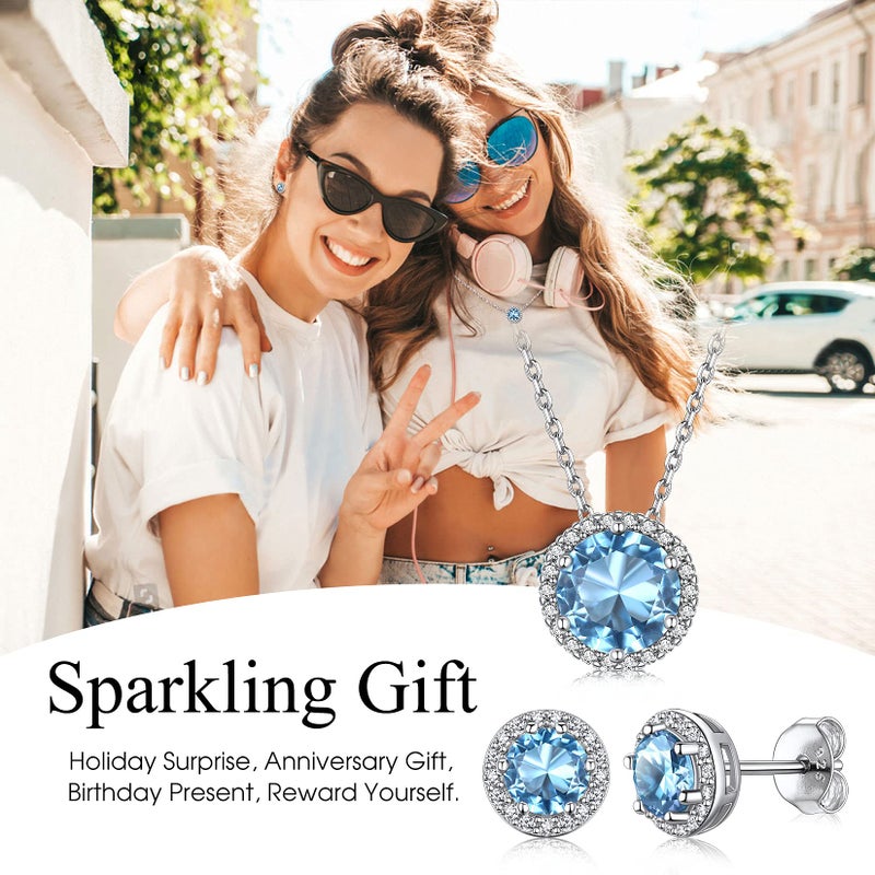 Bestyle 925 Sterling Silver Love Round Cubic Zirconia Earrings March Aquamarine Birthstone Stud Earrings for Women, Hypoallergenic Earrings for Sensitive Ears - Image 5