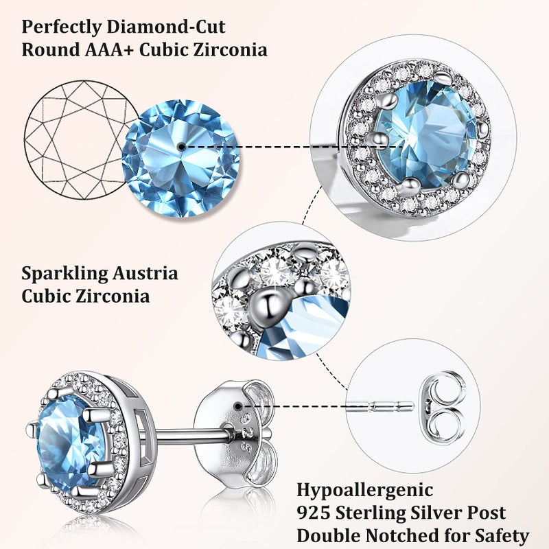 Bestyle 925 Sterling Silver Love Round Cubic Zirconia Earrings March Aquamarine Birthstone Stud Earrings for Women, Hypoallergenic Earrings for Sensitive Ears - Image 4