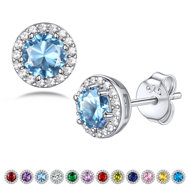 Bestyle 925 Sterling Silver Love Round Cubic Zirconia Earrings March Aquamarine Birthstone Stud Earrings for Women, Hypoallergenic Earrings for Sensitive Ears - Image 1