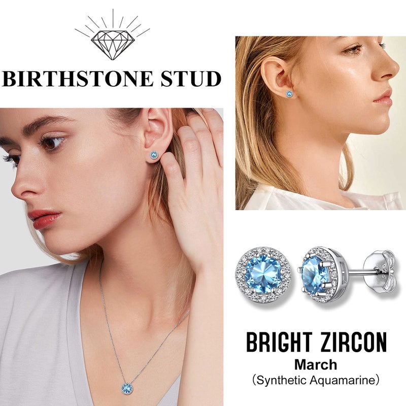 Bestyle 925 Sterling Silver Love Round Cubic Zirconia Earrings March Aquamarine Birthstone Stud Earrings for Women, Hypoallergenic Earrings for Sensitive Ears - Image 2