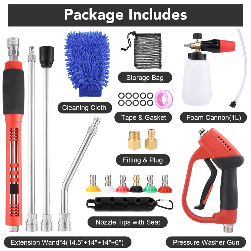 Gyfent 18Pcs Pressure Washer Accessories for Car Wash Outdoor Gutters, 5000PSI Pressure Washer Gun Foam Cannon with 1/4" Quick Connector 6Pcs Nozzle Tips with 3Pcs Extension Wand for Roof Siding - Image 2