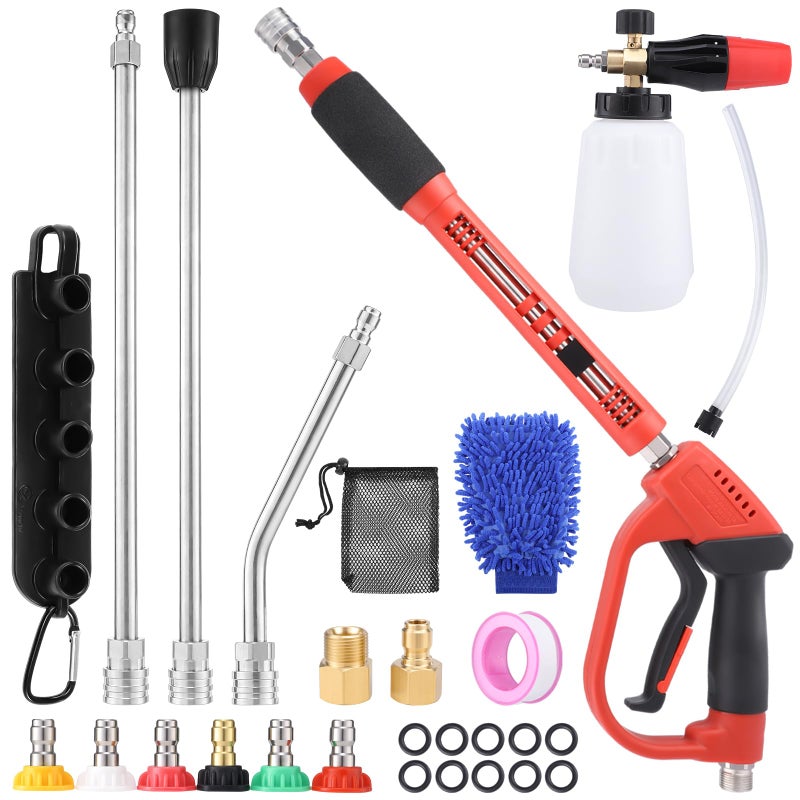 Gyfent 18Pcs Pressure Washer Accessories for Car Wash Outdoor Gutters, 5000PSI Pressure Washer Gun Foam Cannon with 1/4" Quick Connector 6Pcs Nozzle Tips with 3Pcs Extension Wand for Roof Siding - Image 1
