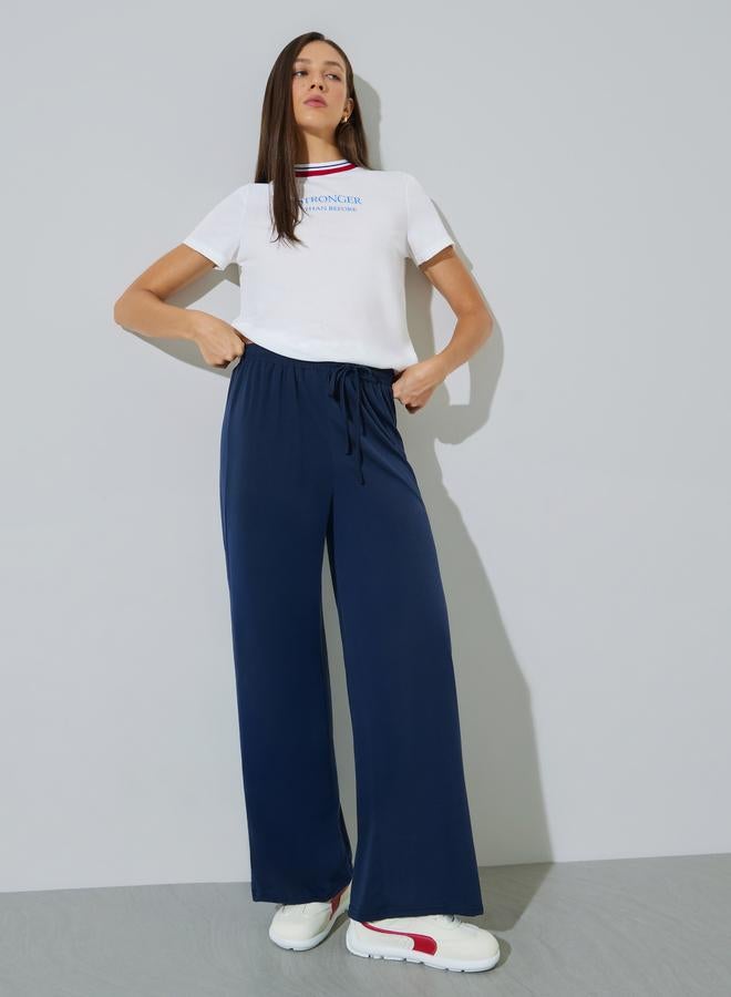 Styli Dark Blue Wide Leg Joggers with Drawstring Waist - Image 1