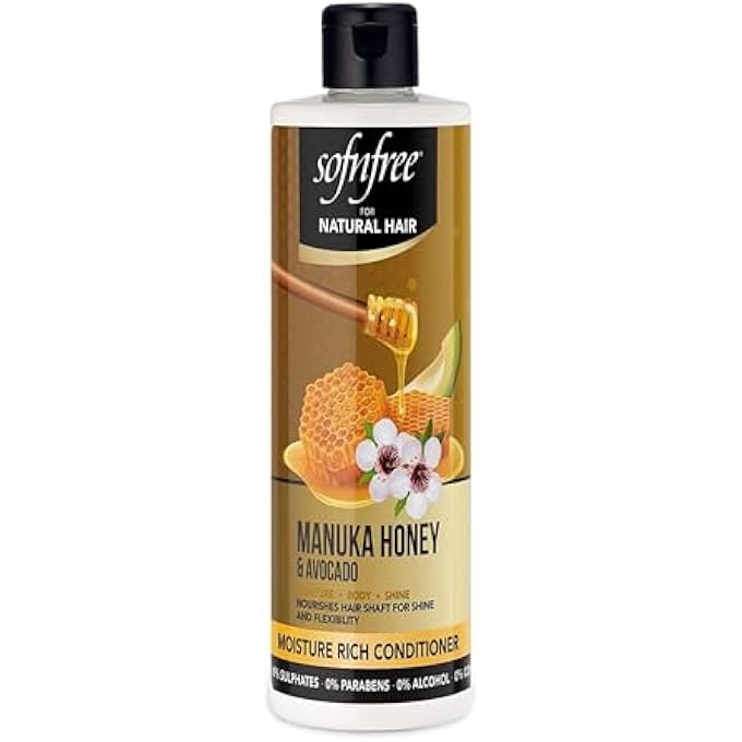 SOFNFREE بلسم سوفتن فري الغني بالرطوبة مع عسل المانوكا وزبدة الأفوكادو الطبيعية ومرطب الشعر للشعر المجعد والمجعد - 11.83 أونصة سائلة (عبوة من 1) - Image 1