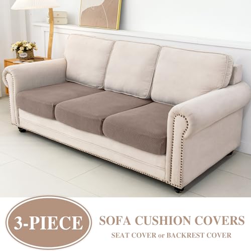 LA MEACK Couch Cushion Covers Seat Cushion Cover Stretch Couch Cover Separate Sectional Sofa Slipcovers Furniture Protector(3 Pieces for Seat or Sofa Backrest, Khaki) - Image 2