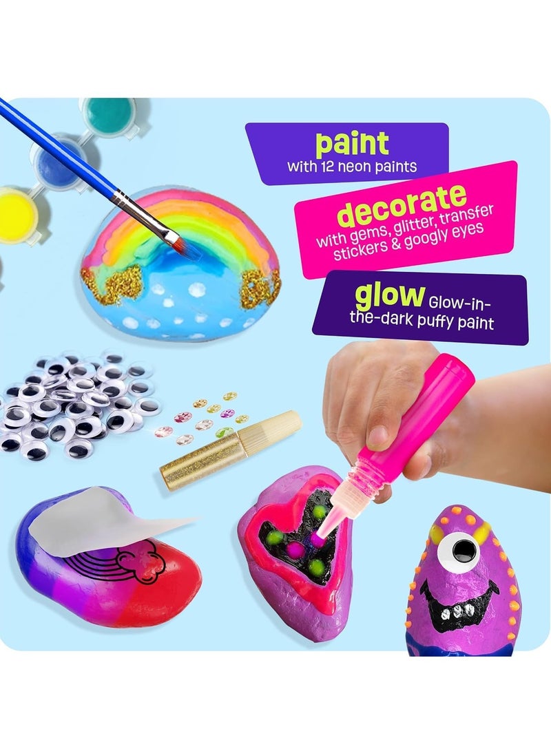 Rock Painting Kit for Kids Glow In The Dark Rock Set Arts and Crafts Toys Party Favor Gifts Toys Activities Art Kit with 12 Acrylic Paint 10 Rocks Stickers Gems DIY Supplies Birthday Gifts Toys for Girls and Boys  - Image 3
