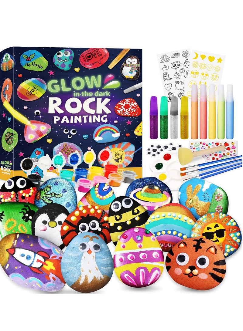 Rock Painting Kit for Kids Glow In The Dark Rock Set Arts and Crafts Toys Party Favor Gifts Toys Activities Art Kit with 12 Acrylic Paint 10 Rocks Stickers Gems DIY Supplies Birthday Gifts Toys for Girls and Boys  - Image 1
