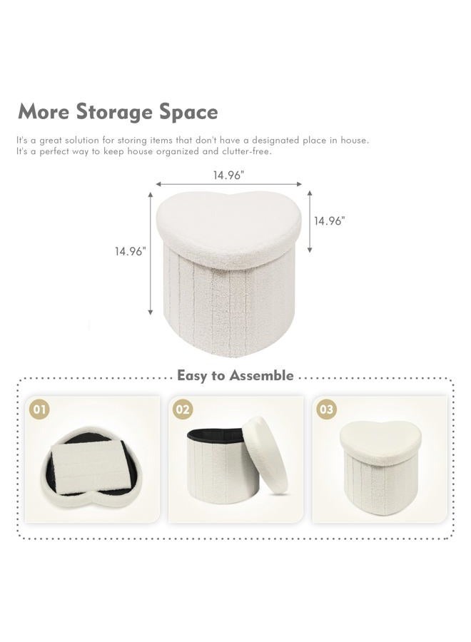 B FSOBEIIALEO Storage Ottoman Cube, Heart Shaped Ottomans with Storage Foot Stool Footrest for Lving Room, Boucle Ottoman Seat for Dorm Room,Faux Teddy Fur, Cream White 15"x15"x15" - Image 4