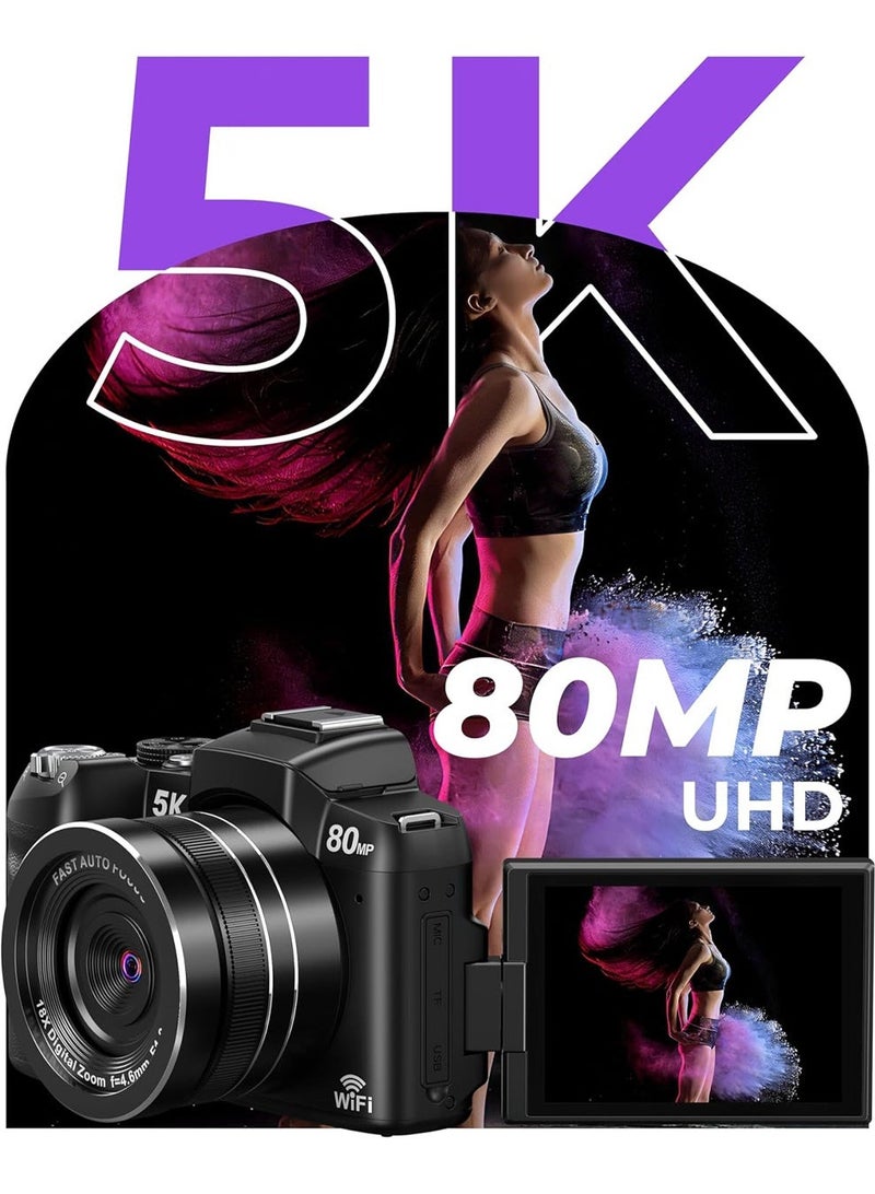 ماكرايستورم كاميرا رقمية 5K - كاميرات واي فاي 80MP للتصوير الفوتوغرافي - كاميرا سريعة للتركيز التلقائي لليوتيوب - كاميرا فيديو UHD للسفر المبتدئ مع شاشة 3 "270 درجة ، زوم 18X ، بطاقة الذاكرة ، غطاء العدسة - Image 2