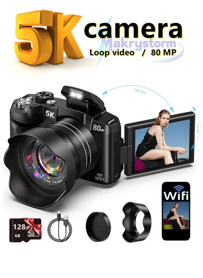 ماكرايستورم كاميرا رقمية 5K - كاميرات واي فاي 80MP للتصوير الفوتوغرافي - كاميرا سريعة للتركيز التلقائي لليوتيوب - كاميرا فيديو UHD للسفر المبتدئ مع شاشة 3 "270 درجة ، زوم 18X ، بطاقة الذاكرة ، غطاء العدسة - Image 1