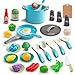 JOKERKING 35Pcs Kids Kitchen Toy Accessories Toddler Pretend Cooking Playset with Play Pots Pans Utensils Cookware Play Food Set Toy Vegetables Learning Gift for Girls Boys Turquoise - Image 2