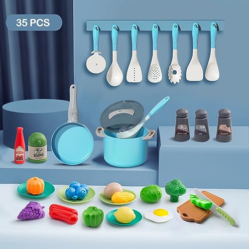JOKERKING 35Pcs Kids Kitchen Toy Accessories Toddler Pretend Cooking Playset with Play Pots Pans Utensils Cookware Play Food Set Toy Vegetables Learning Gift for Girls Boys Turquoise - Image 5