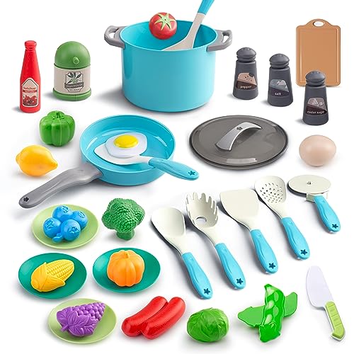 JOKERKING 35Pcs Kids Kitchen Toy Accessories Toddler Pretend Cooking Playset with Play Pots Pans Utensils Cookware Play Food Set Toy Vegetables Learning Gift for Girls Boys Turquoise - Image 1