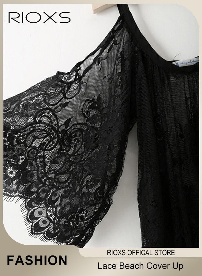 RIOXS Women's Cover Up Dress Summer Lace Loose Bikini Swimsuit Beach Dress Pullover Dress Bathing Suit Ladies Soild Lace Edge Coverup  - Image 2