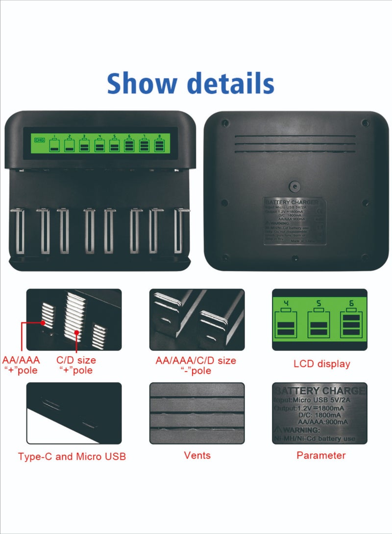 بست شاحن بطاريات ذكي متعدد الوظائف مزود بـ 8 منافذ USB NC559 للبطاريات القابلة لإعادة الشحن من النوع AA/AAA D/C 5/7 - Image 4