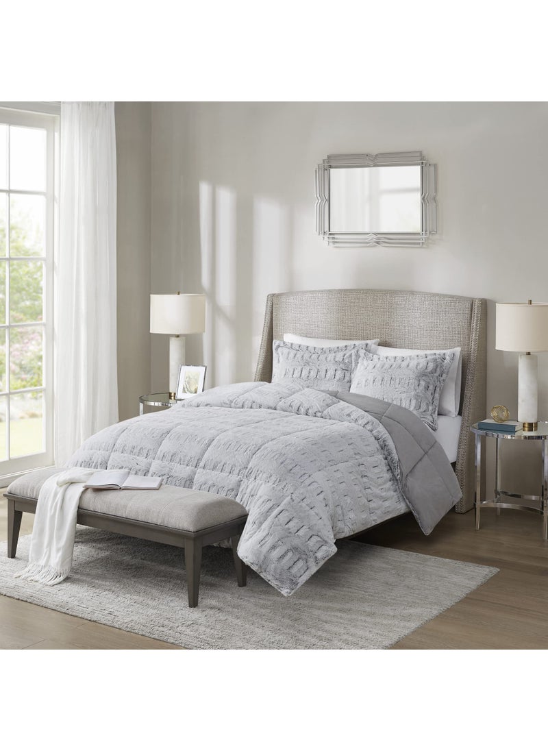 madison park Madison Park Soft Plush Comforter Long Faux Fur Design Mid Century Modern All Season Down Alternative Bedding Set with Matching Sham KingCal King Gia GrayWhite 3 Piece 