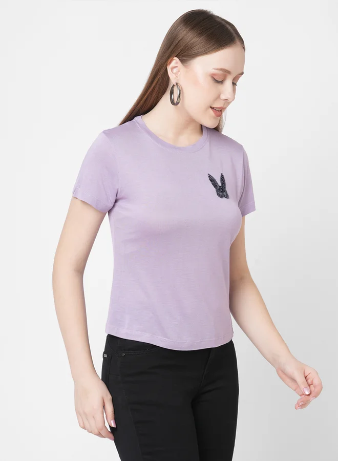 ميش Mish Women Purple Embellished Bunny Detail Short Sleeve T-Shirt