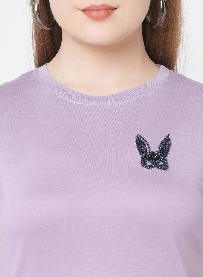 Mish Mish Women Purple Embellished Bunny Detail Short Sleeve T-Shirt
