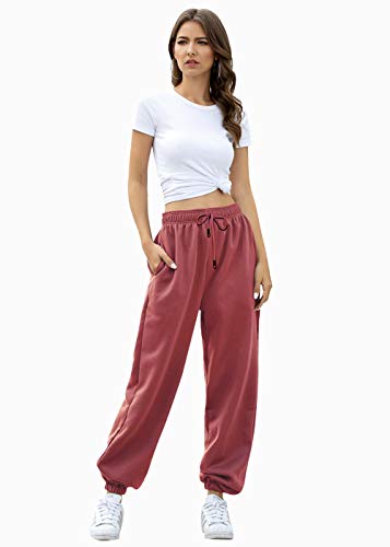 VINMEN Cotton Joggers for Womens Fashion Lightweight Thick Sweatpants Sporty Gym Workout Plain Wide Leg Fit Lounge Pants Brick Red S - Image 2