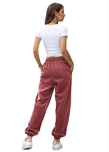 VINMEN Cotton Joggers for Womens Fashion Lightweight Thick Sweatpants Sporty Gym Workout Plain Wide Leg Fit Lounge Pants Brick Red S - Image 3