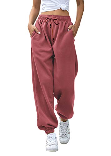 VINMEN Cotton Joggers for Womens Fashion Lightweight Thick Sweatpants Sporty Gym Workout Plain Wide Leg Fit Lounge Pants Brick Red S - Image 5