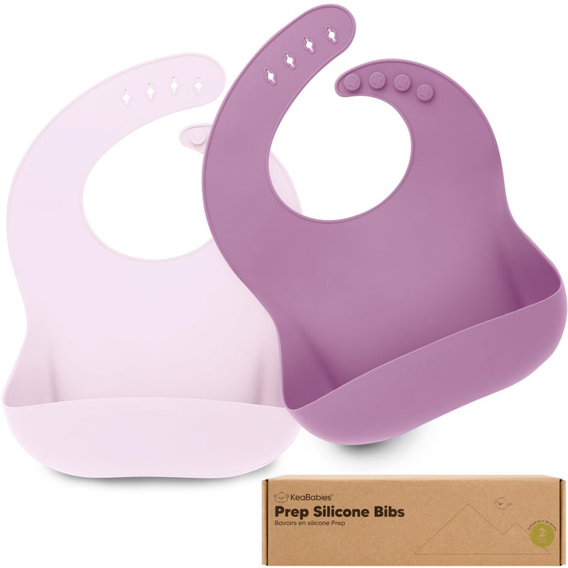 KeaBabies 2-Pack Silicone Baby Bibs for Eating - Sturdy Food-Grade Silicone Bibs for Babies Girl, Boy, Large Food Catcher, Clean & Put On Easily, Waterproof Toddler Feeding Essentials (Amethyst) - Image 1