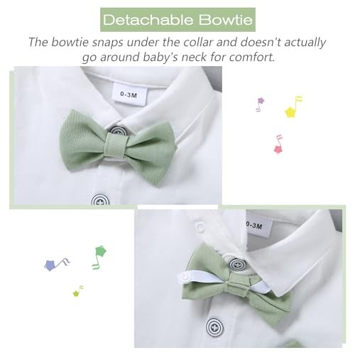 WESIDOM Baby Boy Clothes Suit 0-24M Infant Gentleman Wedding Outfit, Shirt+Bowtie+Beret+Suspender Pants Clothing Set Light Green - Image 2