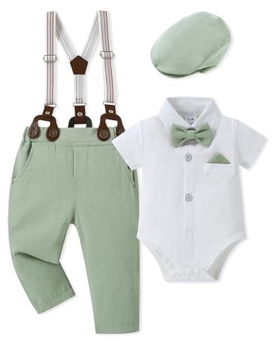 WESIDOM Baby Boy Clothes Suit 0-24M Infant Gentleman Wedding Outfit, Shirt+Bowtie+Beret+Suspender Pants Clothing Set Light Green - Image 1
