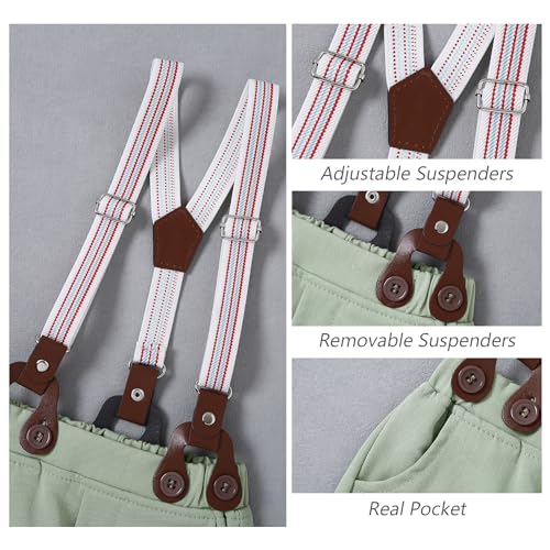 WESIDOM Baby Boy Clothes Suit 0-24M Infant Gentleman Wedding Outfit, Shirt+Bowtie+Beret+Suspender Pants Clothing Set Light Green - Image 4