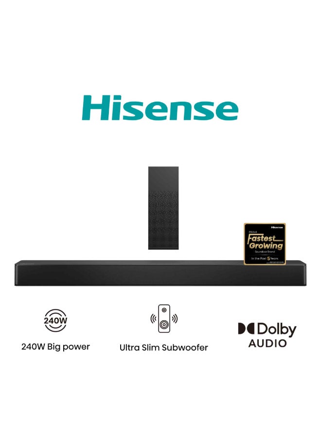 هايسنس بار صوتي 2.1 قنوات 240 واط مع مضخم صوت لاسلكي - DTS Virtual X، Dolby Audio، Ezplay، وضع التلفاز، 6 أوضاع EQ، HDMI ARC، بلوتوث 5.3 - Image 1