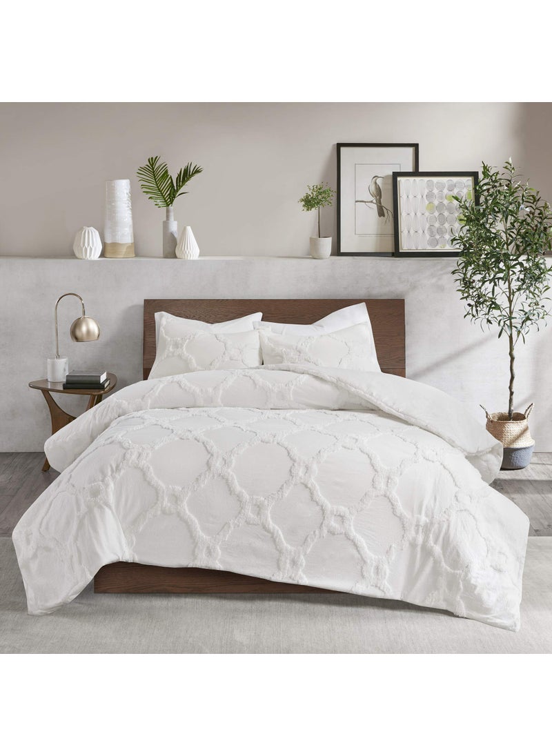 madison park Madison Park Tufted Chenille Cotton Comforter All Season Bedding Set Matching Shams Pacey Shabby Chic Geometric Ogee Off White FullQueen90x90 3 Piece 