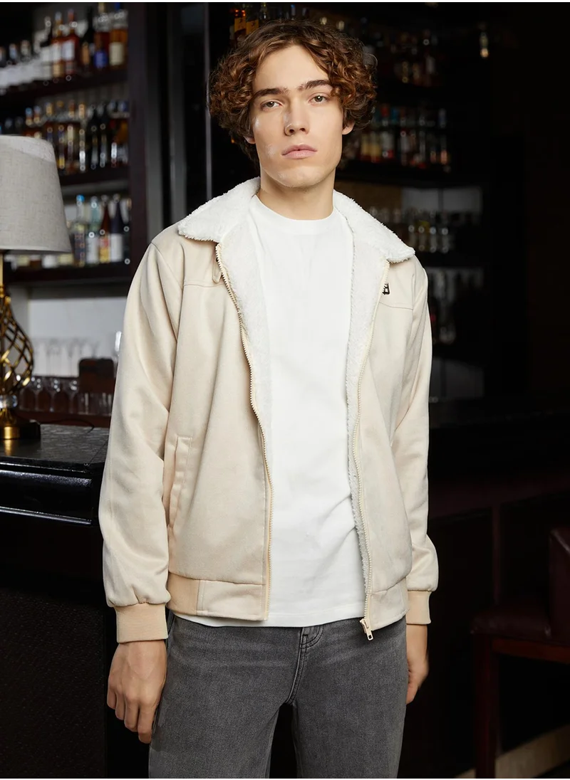 Campus Sutra Men's Off-White & Cream White Fleece-Lined Bomber Jacket